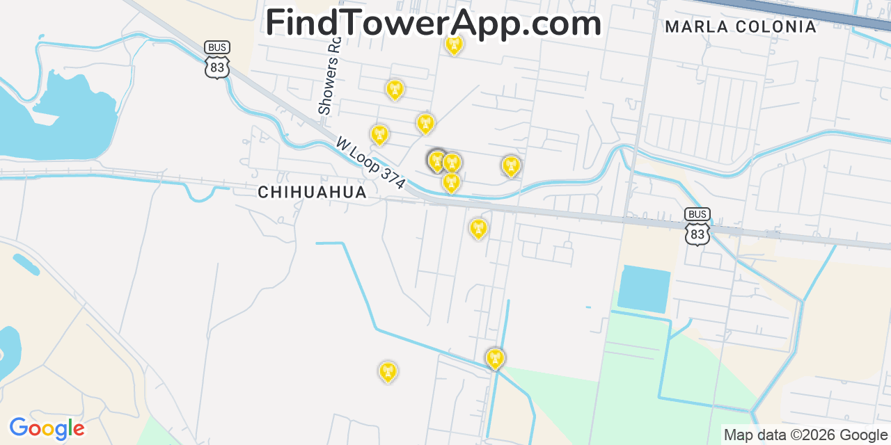 Map showing the 20 primary cell tower locations detected in Perezville, Texas from AT&T, Verizon, and T-Mobile networks