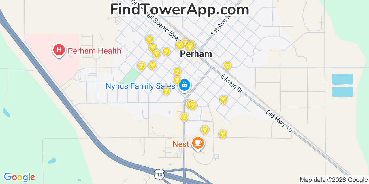 Map showing the 20 primary cell tower locations detected in Perham, Minnesota from AT&T, Verizon, and T-Mobile networks