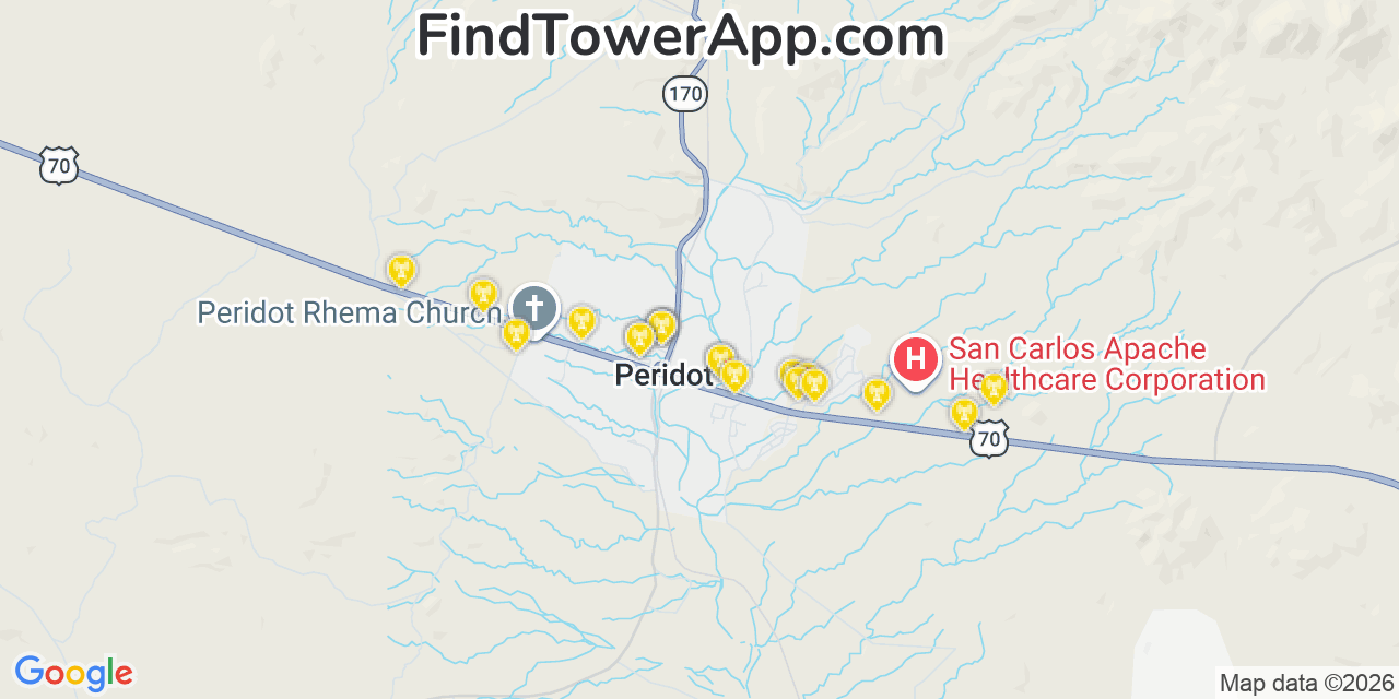 Map showing the 20 primary cell tower locations detected in Peridot, Arizona from AT&T, Verizon, and T-Mobile networks