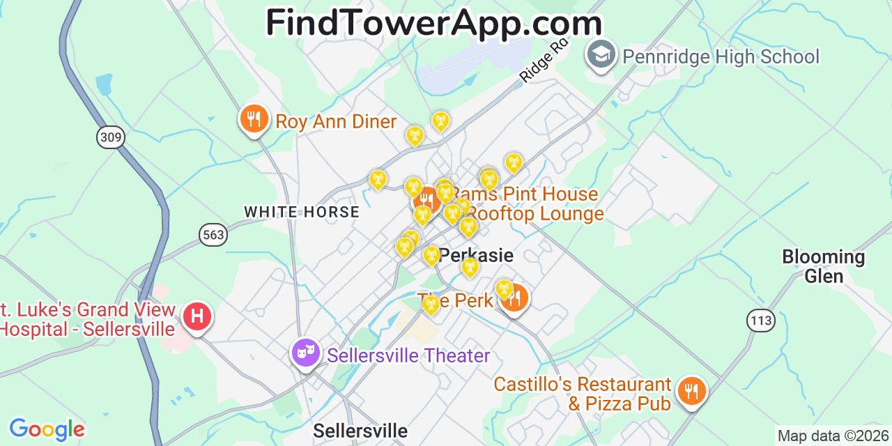 Map showing the 20 primary cell tower locations detected in Perkasie, Pennsylvania from AT&T, Verizon, and T-Mobile networks
