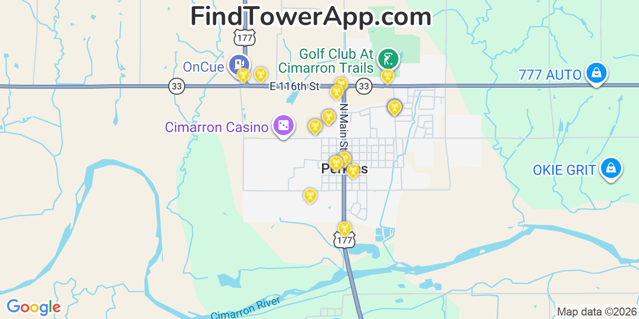 Map showing the 20 primary cell tower locations detected in Perkins, Oklahoma from AT&T, Verizon, and T-Mobile networks