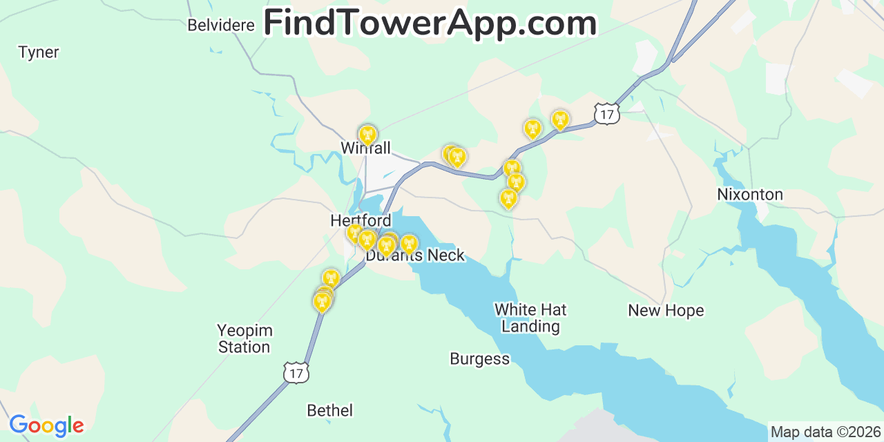 Map showing the 20 primary AT&T cell tower locations detected in Perquimans, North Carolina with coverage radius and signal strength indicators