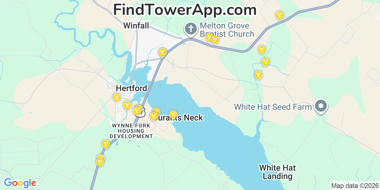 Map showing the 20 primary cell tower locations detected in Perquimans, North Carolina from AT&T, Verizon, and T-Mobile networks