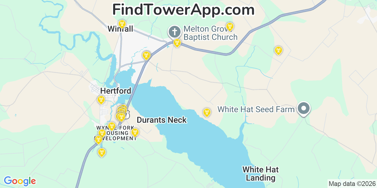 Map showing the 20 primary T-Mobile cell tower locations detected in Perquimans, North Carolina with coverage radius and signal strength indicators