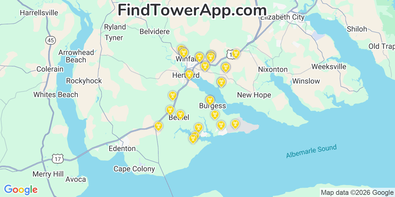 Map showing the 31 primary Verizon cell tower locations detected in Perquimans, North Carolina with coverage radius and signal strength indicators