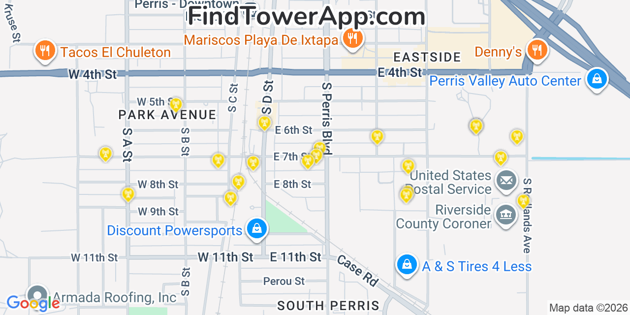 Map showing the 20 primary cell tower locations detected in Perris, California from AT&T, Verizon, and T-Mobile networks