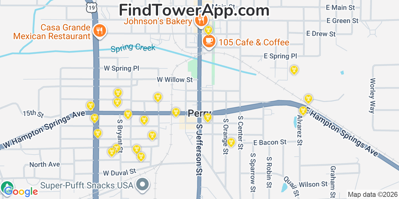 Map showing the 20 primary cell tower locations detected in Perry, Florida from AT&T, Verizon, and T-Mobile networks