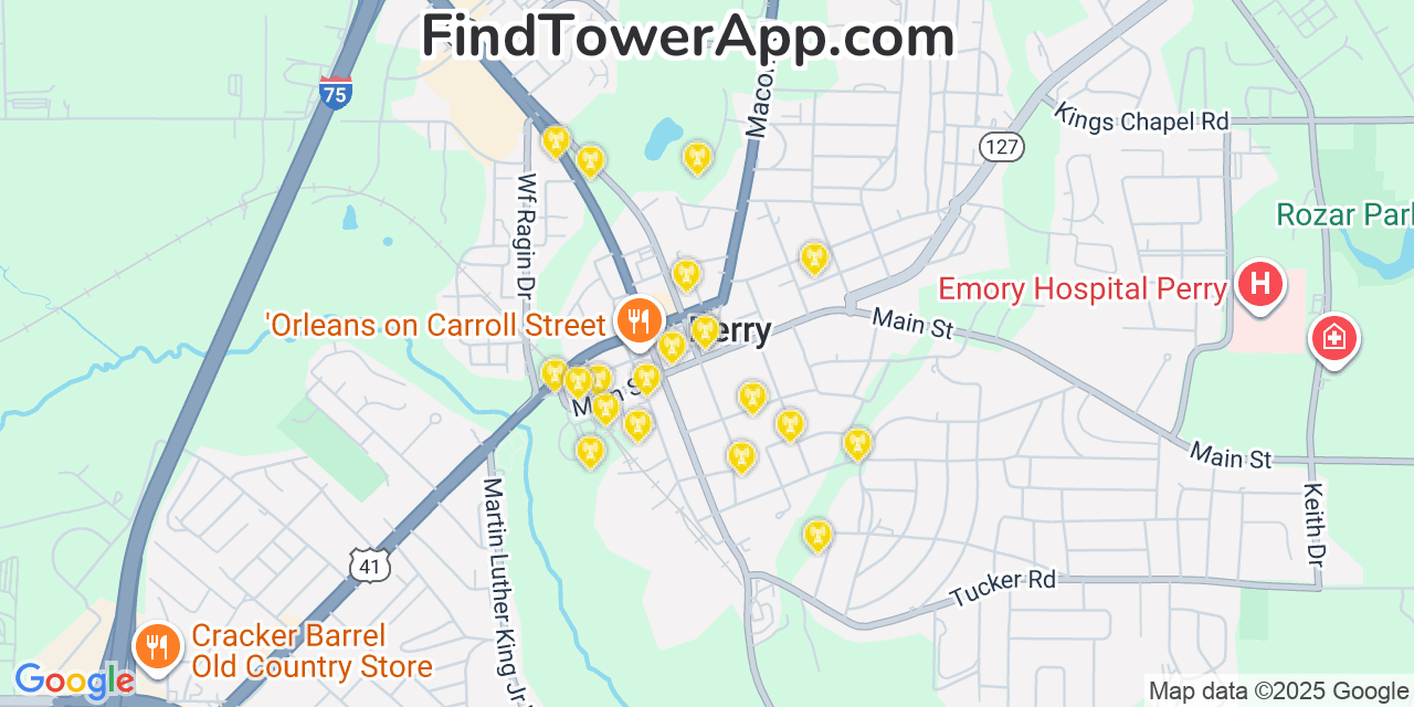 Map showing the 20 primary cell tower locations detected in Perry, Georgia from AT&T, Verizon, and T-Mobile networks
