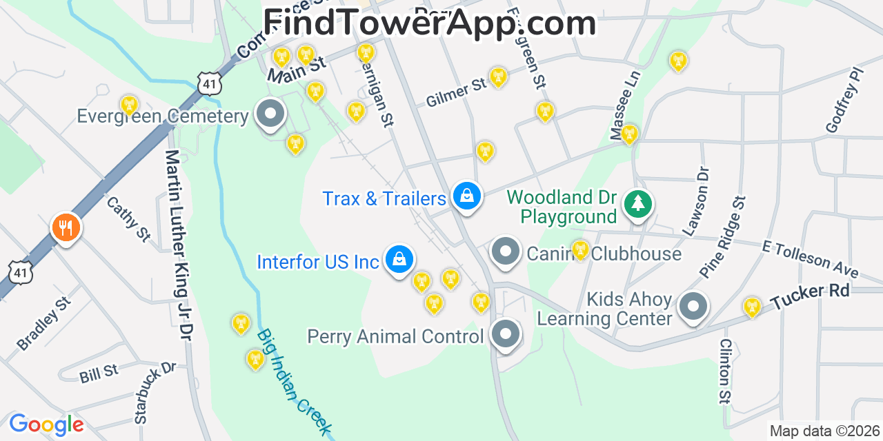 Map showing the 20 primary cell tower locations detected in Perry, Georgia from AT&T, Verizon, and T-Mobile networks