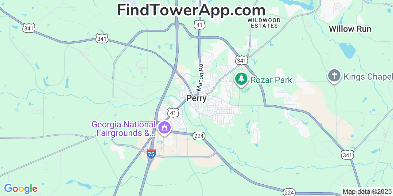 Map showing the 20 primary Mobitel cell tower locations detected in Perry, Georgia with coverage radius and signal strength indicators