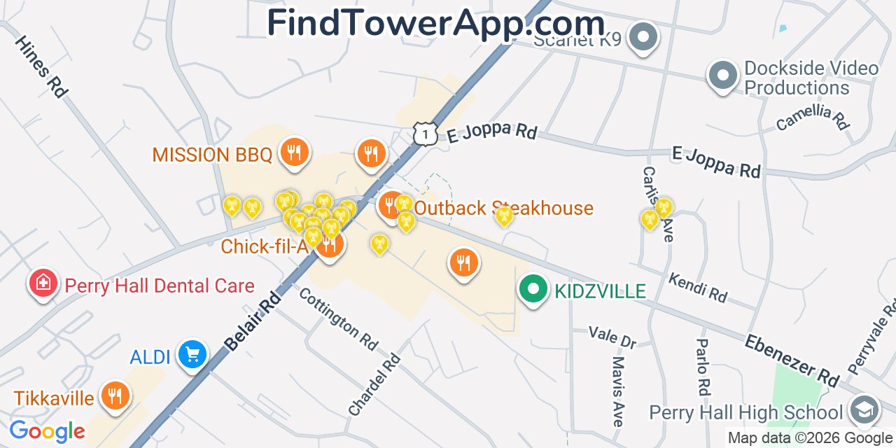Map showing the 20 primary cell tower locations detected in Perry Hall, Maryland from AT&T, Verizon, and T-Mobile networks