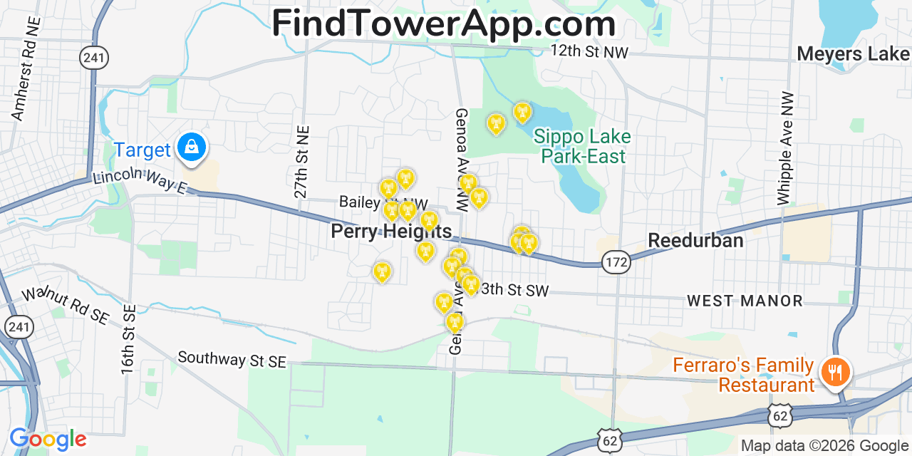 Map showing the 20 primary cell tower locations detected in Perry Heights, Ohio from AT&T, Verizon, and T-Mobile networks