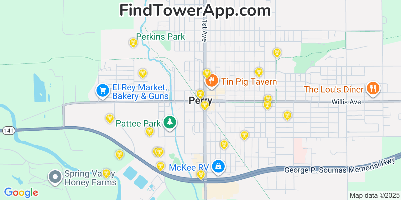 Map showing the 20 primary cell tower locations detected in Perry, Iowa from AT&T, Verizon, and T-Mobile networks