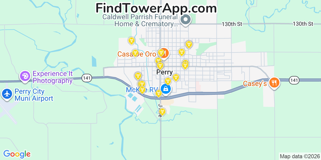 Map showing the 20 primary cell tower locations detected in Perry, Iowa from AT&T, Verizon, and T-Mobile networks