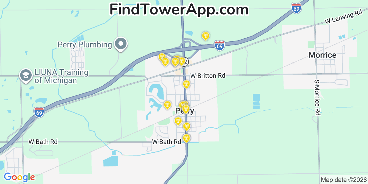 Map showing the 20 primary cell tower locations detected in Perry, Michigan from AT&T, Verizon, and T-Mobile networks