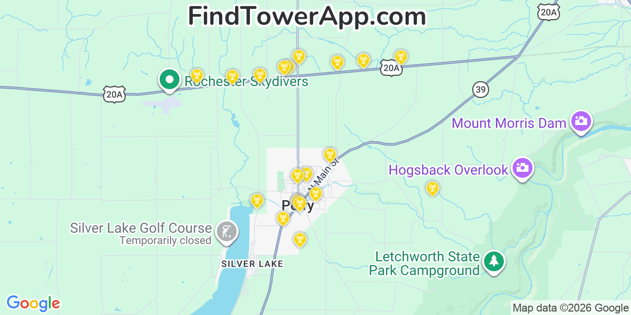 Map showing the 20 primary cell tower locations detected in Perry, New York from AT&T, Verizon, and T-Mobile networks