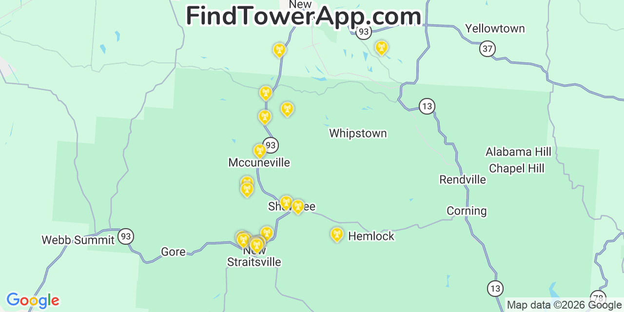 Map showing the 20 primary cell tower locations detected in Perry, Ohio from AT&T, Verizon, and T-Mobile networks