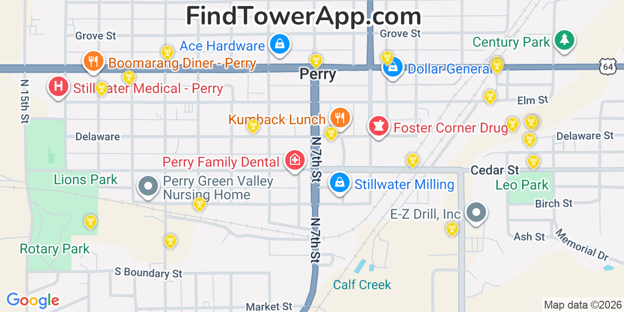 Map showing the 20 primary cell tower locations detected in Perry, Oklahoma from AT&T, Verizon, and T-Mobile networks