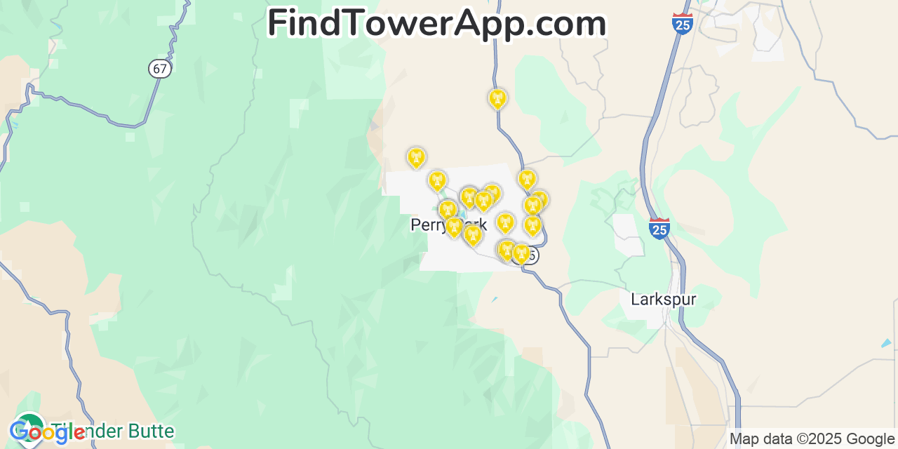 Map showing the 20 primary cell tower locations detected in Perry Park, Colorado from AT&T, Verizon, and T-Mobile networks