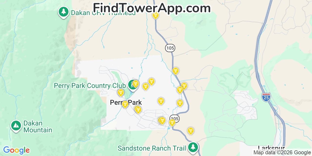 Map showing the 20 primary cell tower locations detected in Perry Park, Colorado from AT&T, Verizon, and T-Mobile networks