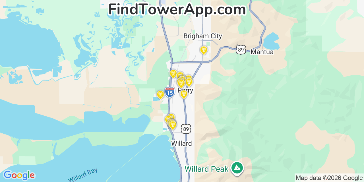 Map showing the 20 primary cell tower locations detected in Perry, Utah from AT&T, Verizon, and T-Mobile networks