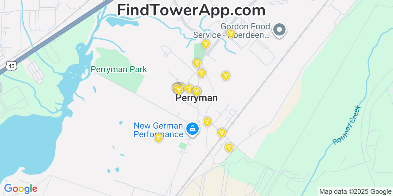 Map showing the 20 primary cell tower locations detected in Perryman, Maryland from AT&T, Verizon, and T-Mobile networks