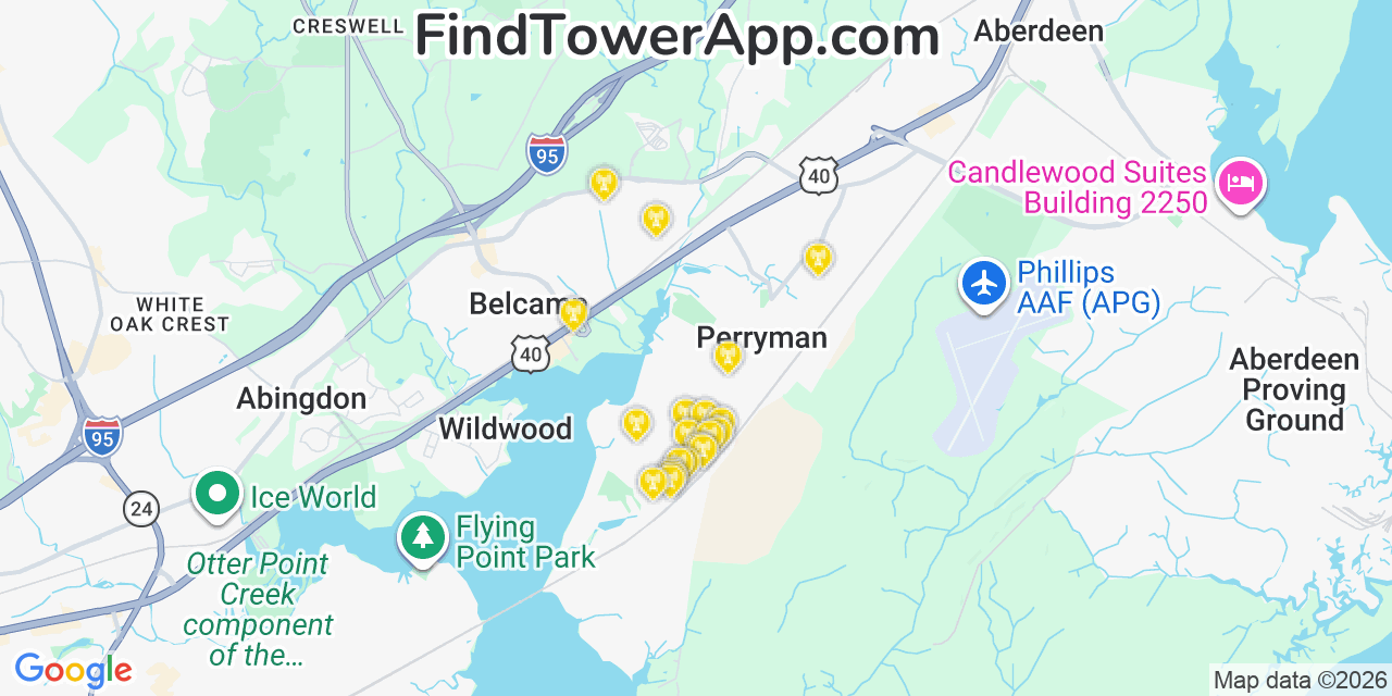 Map showing the 20 primary cell tower locations detected in Perryman, Maryland from AT&T, Verizon, and T-Mobile networks