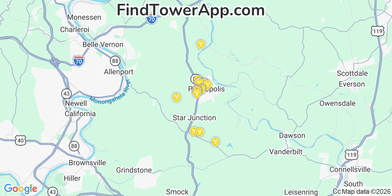 Map showing the 20 primary cell tower locations detected in Perryopolis, Pennsylvania from AT&T, Verizon, and T-Mobile networks
