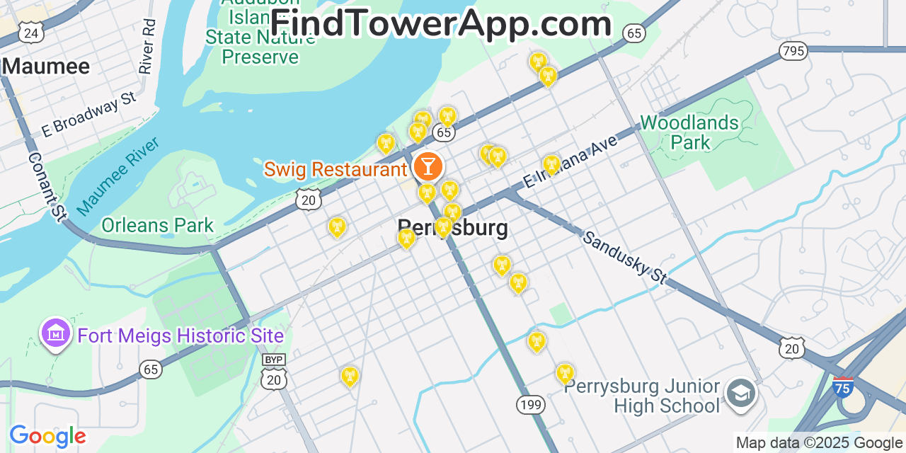 Map showing the 20 primary cell tower locations detected in Perrysburg, Ohio from AT&T, Verizon, and T-Mobile networks