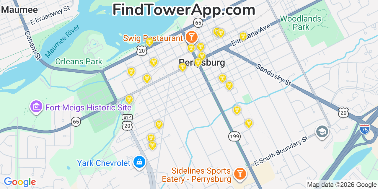 Map showing the 20 primary cell tower locations detected in Perrysburg, Ohio from AT&T, Verizon, and T-Mobile networks