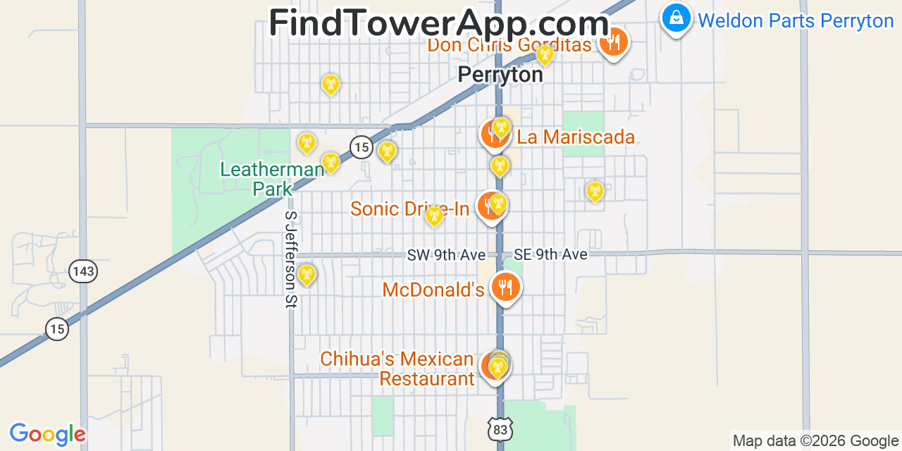 Map showing the 20 primary cell tower locations detected in Perryton, Texas from AT&T, Verizon, and T-Mobile networks