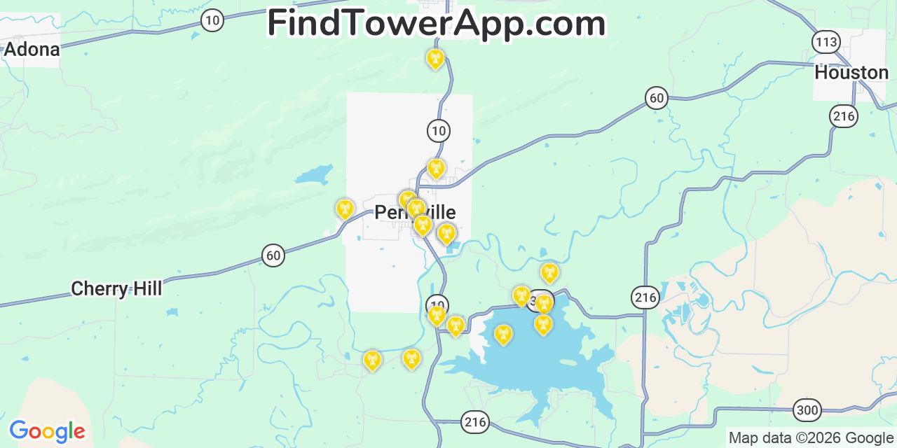 Map showing the 20 primary cell tower locations detected in Perryville, Arkansas from AT&T, Verizon, and T-Mobile networks
