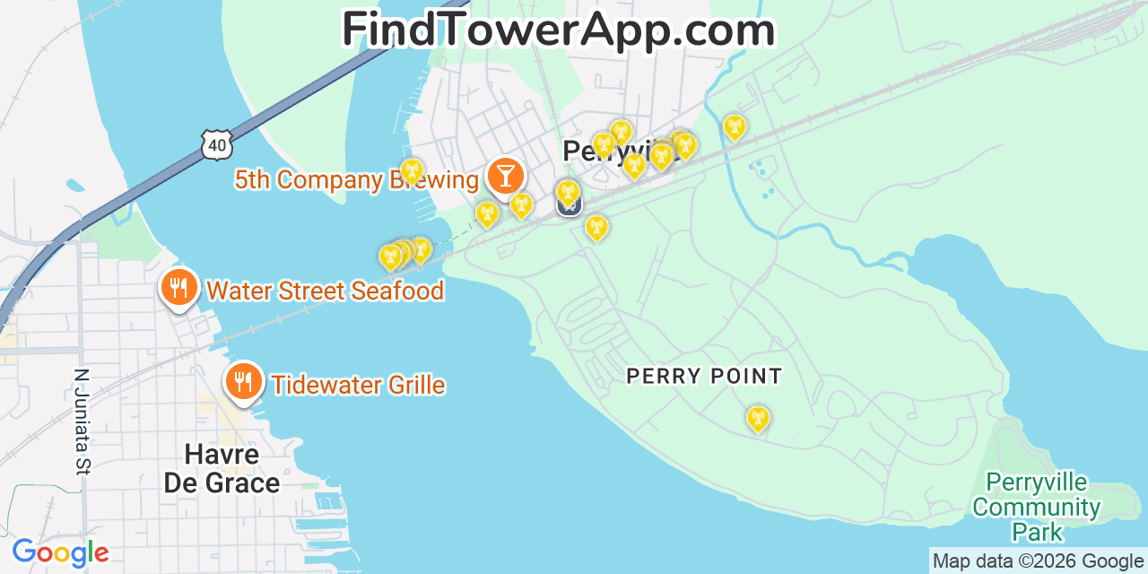 Map showing the 20 primary cell tower locations detected in Perryville, Maryland from AT&T, Verizon, and T-Mobile networks