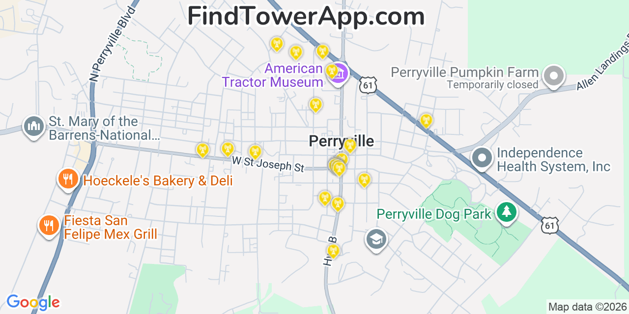 Map showing the 20 primary cell tower locations detected in Perryville, Missouri from AT&T, Verizon, and T-Mobile networks