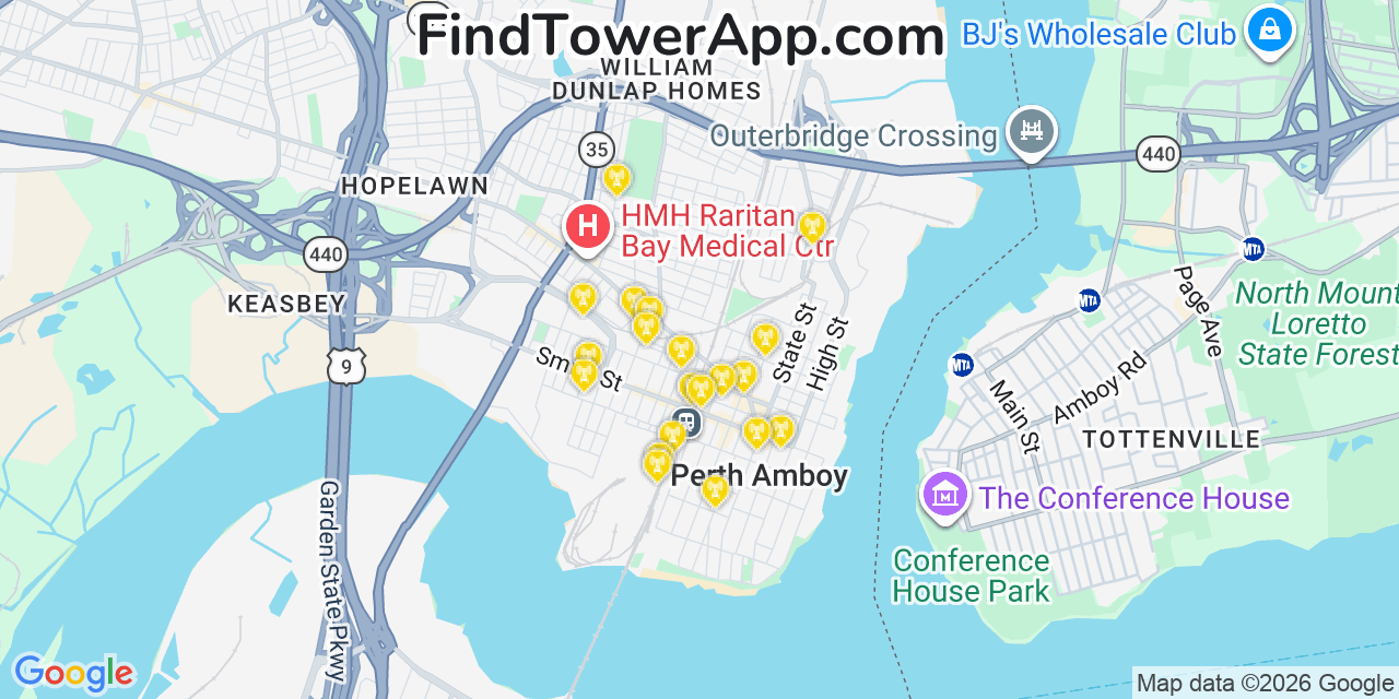 Map showing the 20 primary cell tower locations detected in Perth Amboy, New Jersey from AT&T, Verizon, and T-Mobile networks