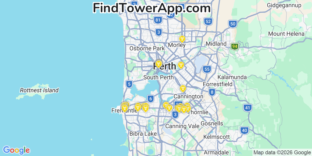 Map showing the 28 primary Clermont Coal cell tower locations in Perth, Australia