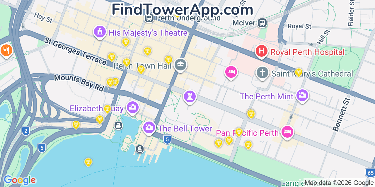 Map showing the 20 primary Pilbara Iron cell tower locations in Perth, Australia