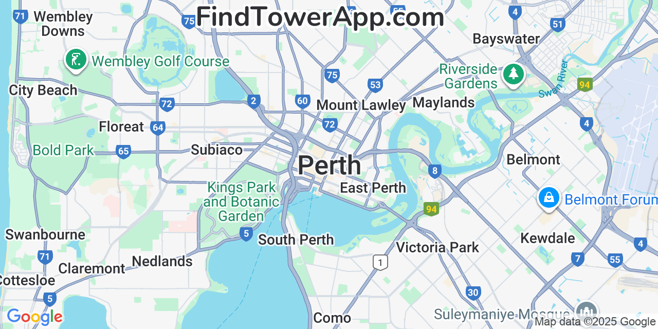 Map showing the 0 primary Telstra cell tower locations detected in Perth, Australia with coverage radius and signal strength indicators