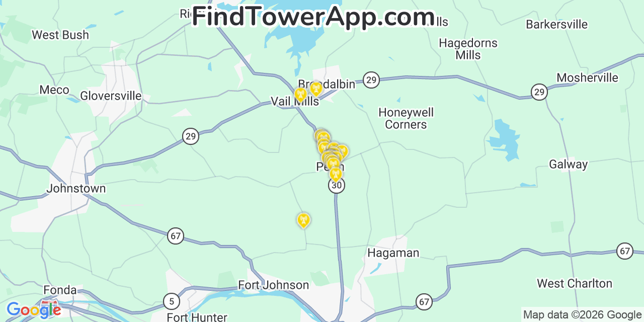 Map showing the 20 primary cell tower locations detected in Perth, New York from AT&T, Verizon, and T-Mobile networks