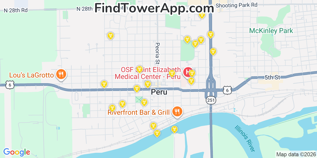 Map showing the 20 primary cell tower locations detected in Peru, Illinois from AT&T, Verizon, and T-Mobile networks