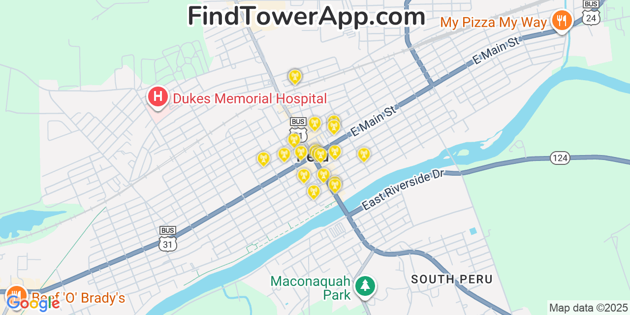 Map showing the 20 primary cell tower locations detected in Peru, Indiana from AT&T, Verizon, and T-Mobile networks