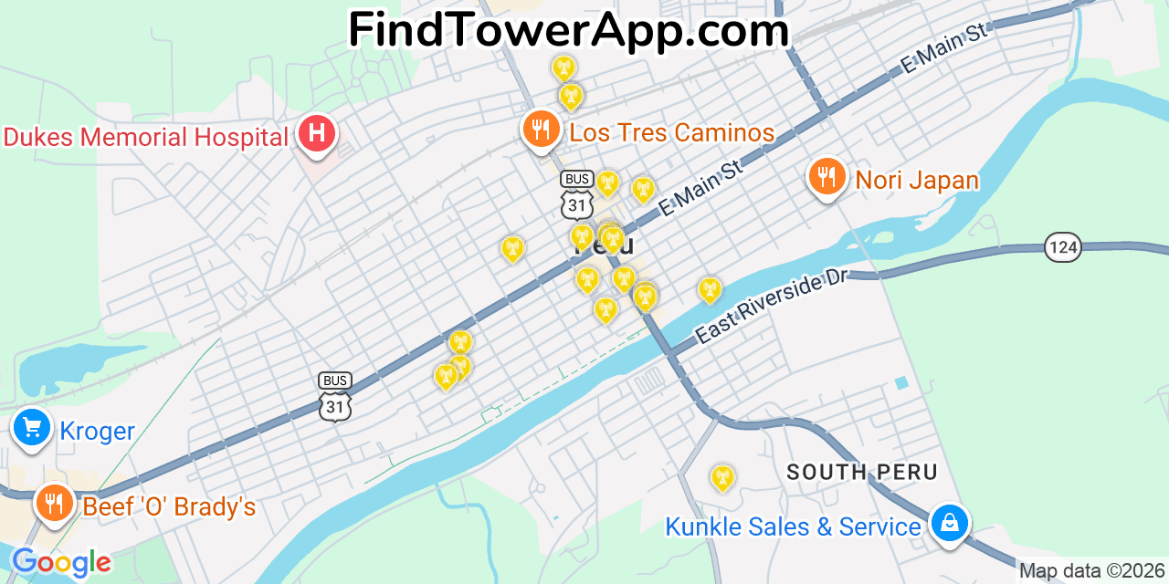 Map showing the 20 primary cell tower locations detected in Peru, Indiana from AT&T, Verizon, and T-Mobile networks