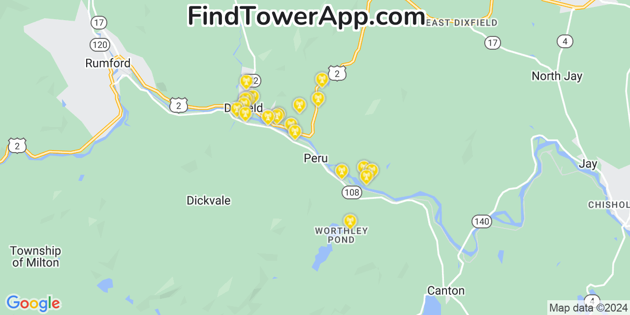 AT&T 4G/5G cell tower coverage map Peru, Maine