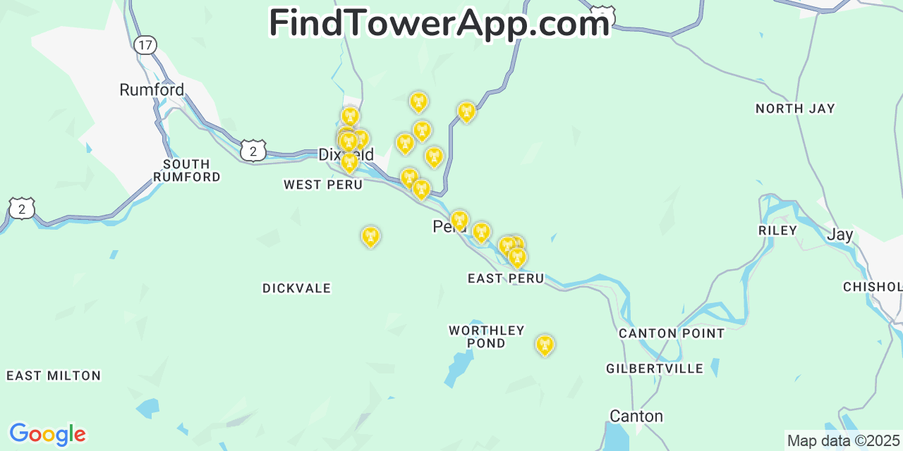 Map showing the 20 primary cell tower locations detected in Peru, Maine from AT&T, Verizon, and T-Mobile networks