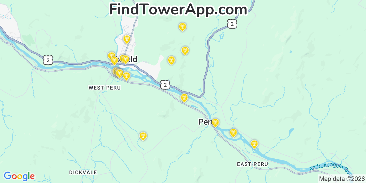Map showing the 20 primary cell tower locations detected in Peru, Maine from AT&T, Verizon, and T-Mobile networks