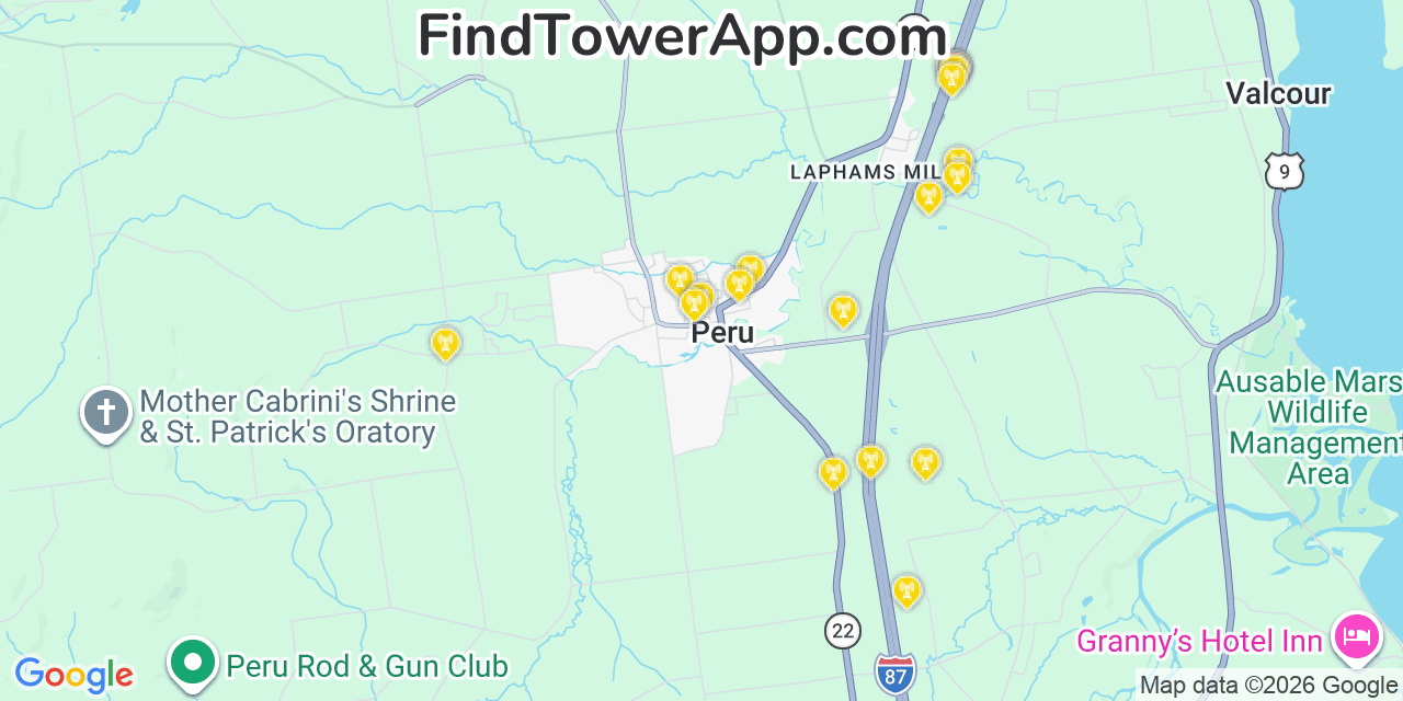 Map showing the 20 primary cell tower locations detected in Peru, New York from AT&T, Verizon, and T-Mobile networks