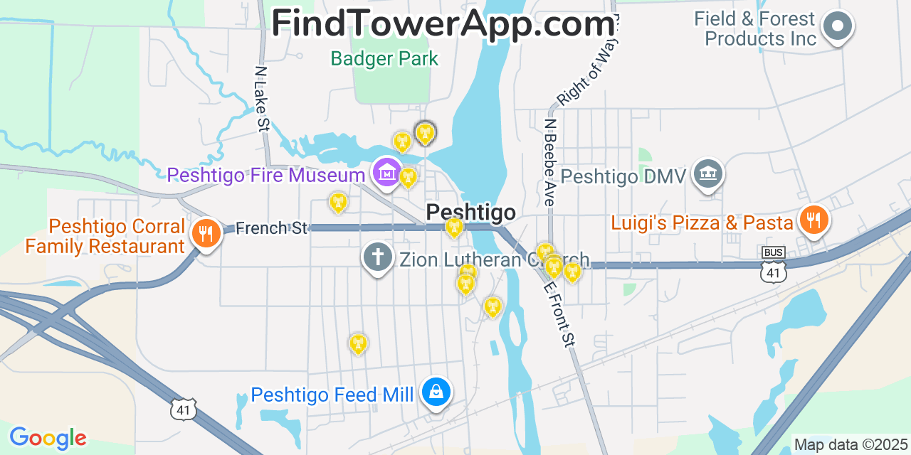 Map showing the 20 primary cell tower locations detected in Peshtigo, Wisconsin from AT&T, Verizon, and T-Mobile networks