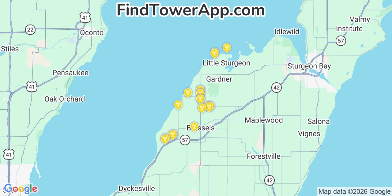 Map showing the 20 primary cell tower locations detected in Peshtigo, Wisconsin from AT&T, Verizon, and T-Mobile networks