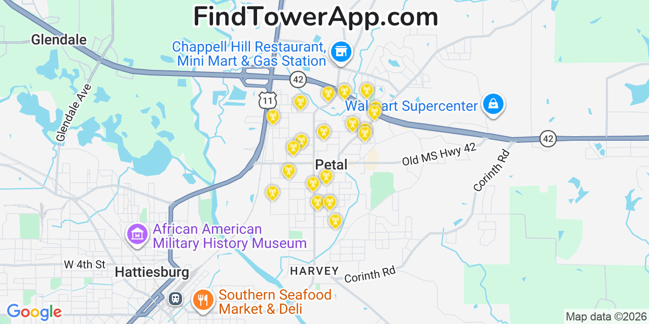 Map showing the 20 primary cell tower locations detected in Petal, Mississippi from AT&T, Verizon, and T-Mobile networks
