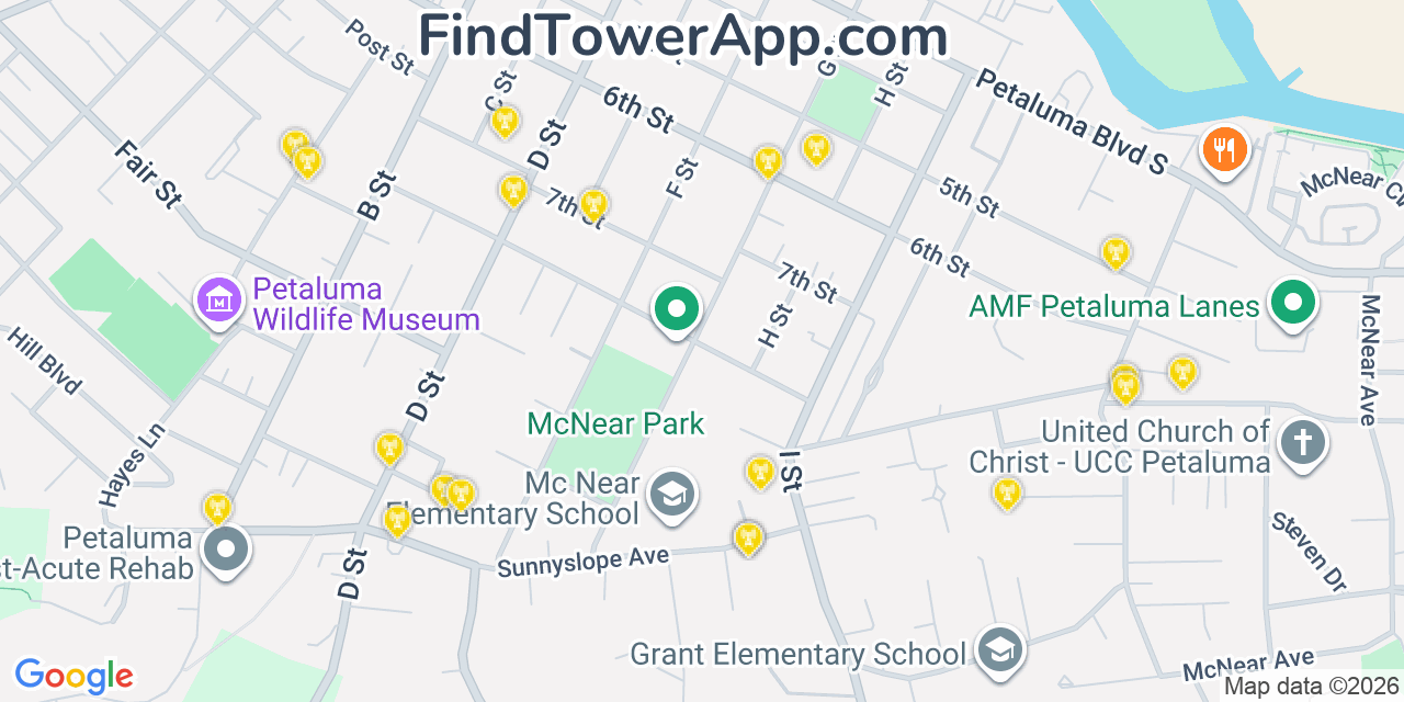 Map showing the 20 primary cell tower locations detected in Petaluma, California from AT&T, Verizon, and T-Mobile networks